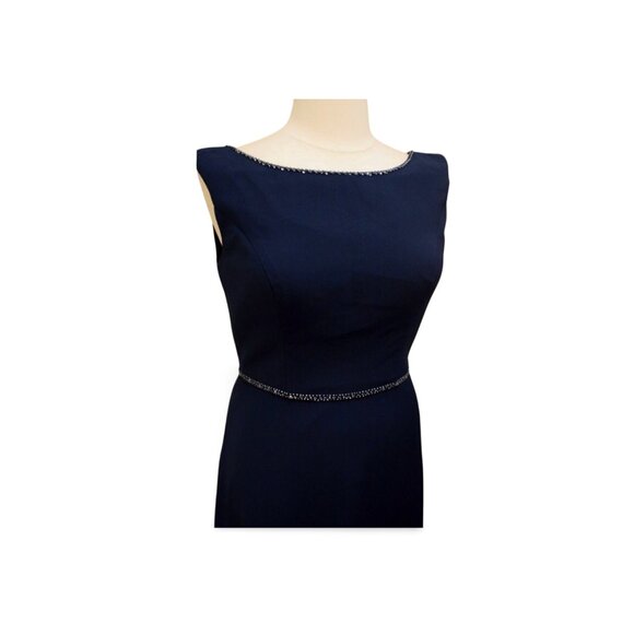 Long Crepe Navy Dress with Beaded Neckline & Waist Size 18 - Picture 11 of 11